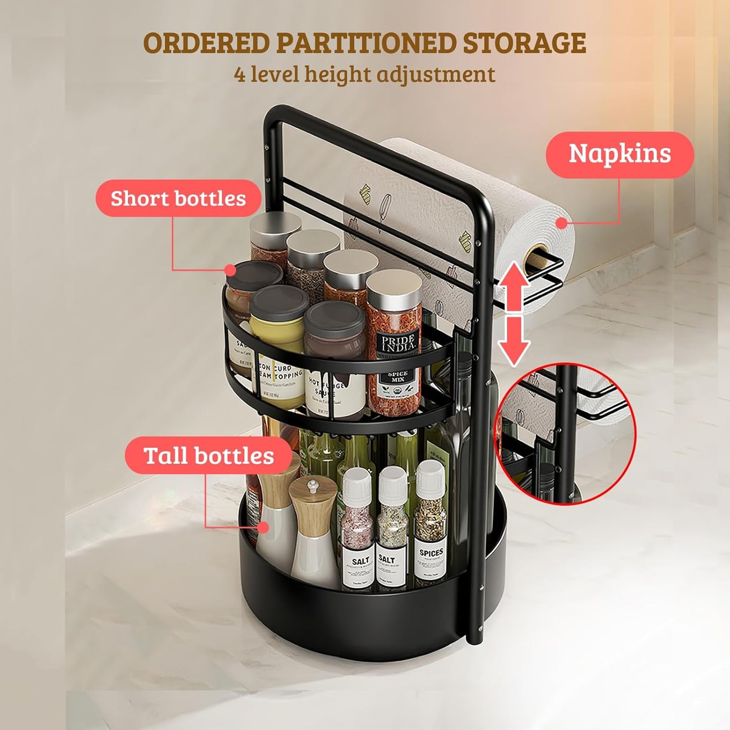 Rotating Spice Rack with Paper Towel Holder, 2 Tier Turntable Lazy Susan