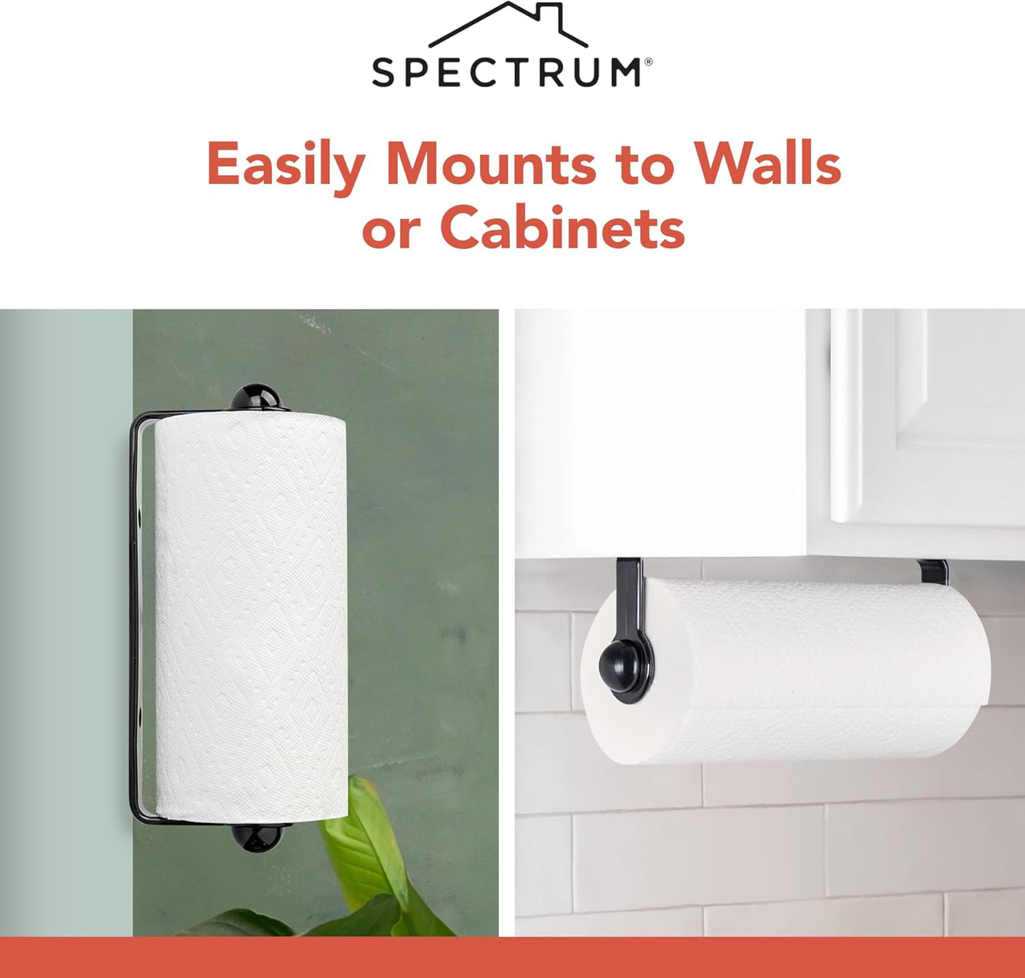 Paper Towel Holder for Under Cabinet Easy Install Wall Mounted Plastic Hanging Paper Roll Rack for Kitchen Bathroom Storage, Durable Mount Towel Dispenser for Standard & Jumbo Rolls, Black