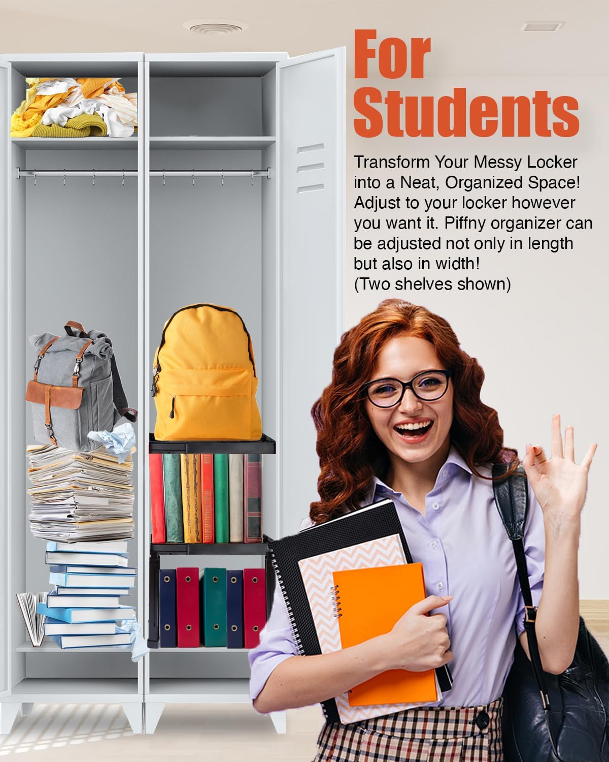 Locker Organizer Shelf， Adjustable Width and Height, Stackable, Ideal Locker Shelf for School