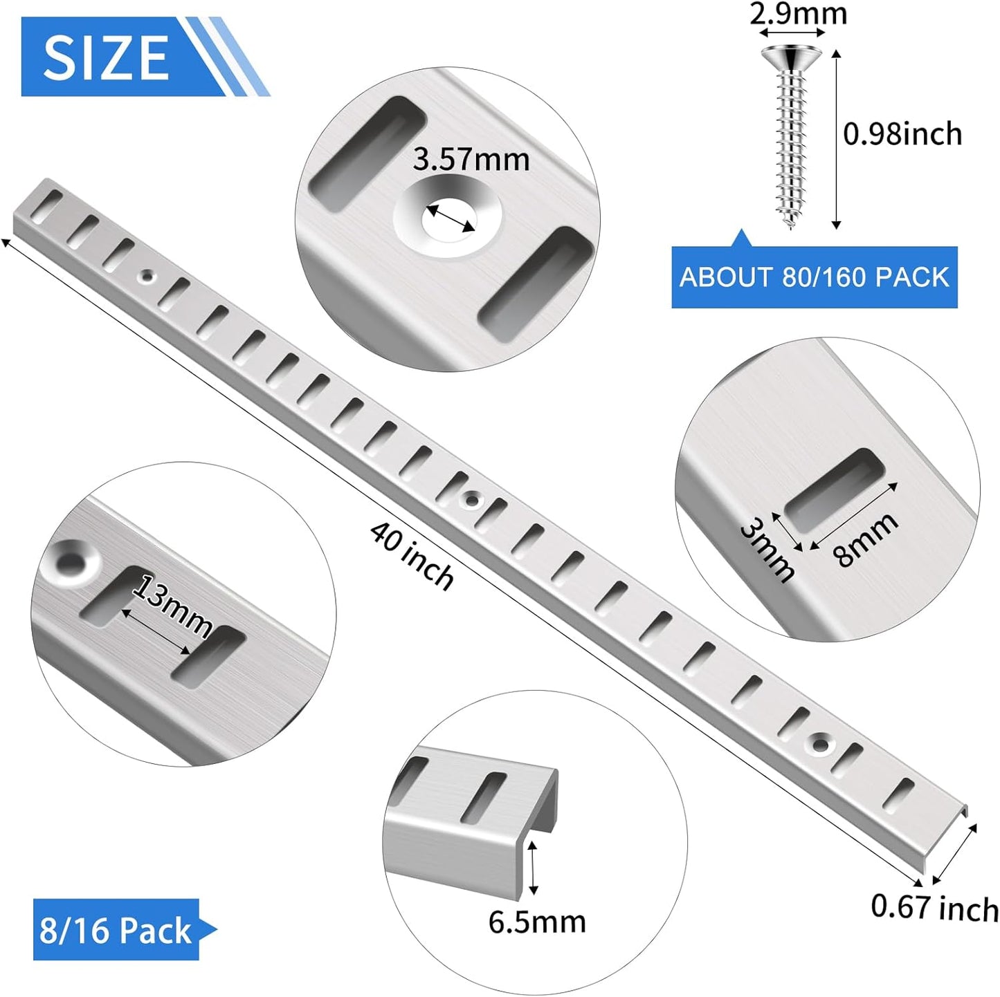 8 Pcs 40 Inch Shelf Pilaster Tracks and 24 Pcs Shelf Clips Adjustable Metal Rail Mortise Mount Pilaster Strip Standard for Bookcases Cabinet Closet Shelving System