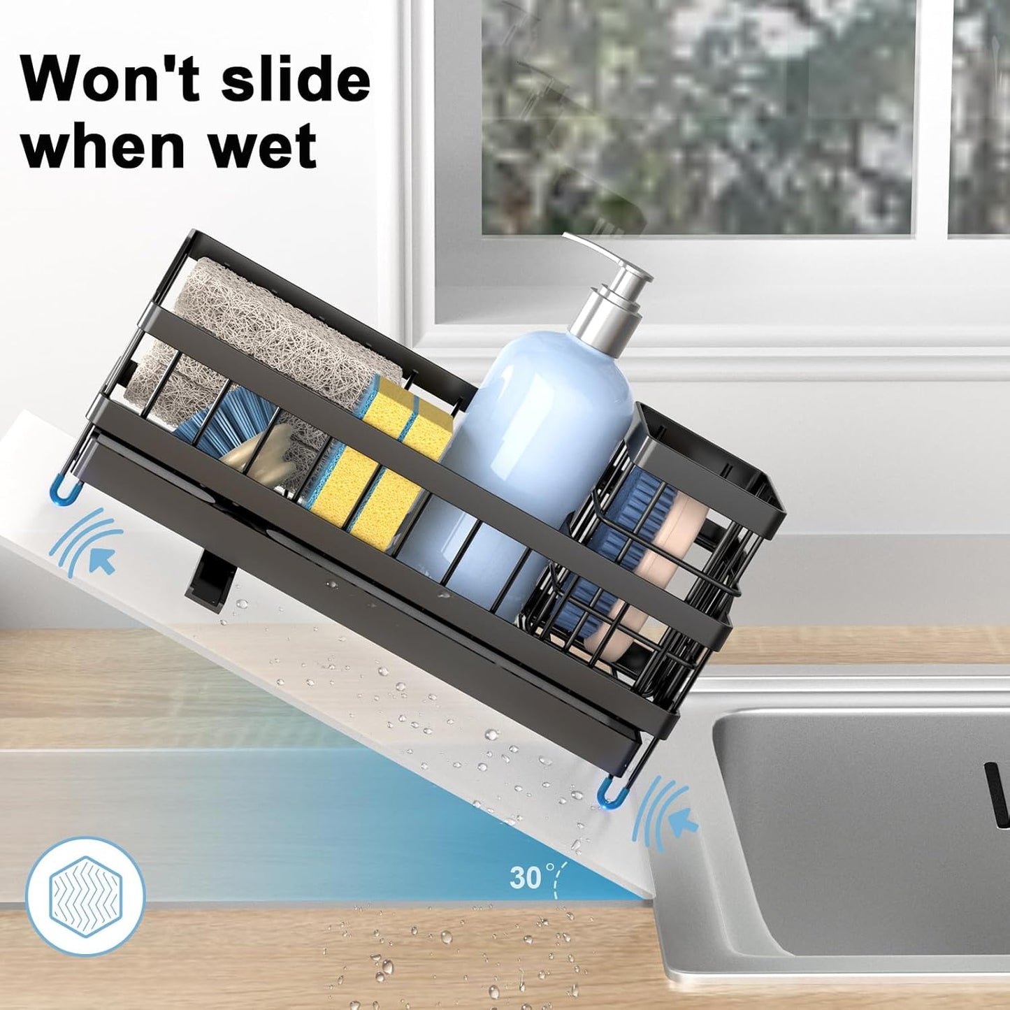 Sponge Holder for Kitchen Sink, Sink Caddy with High Brush Holder, Rustproof and Strong, anti slip