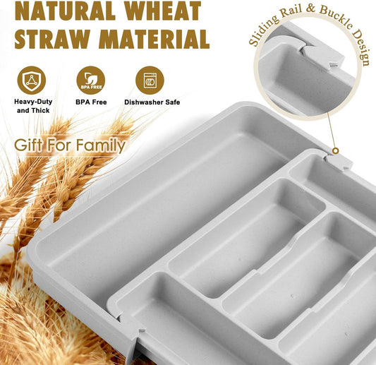 Silverware Organizer for Kitchen Drawers, Wheat Straw Large Expandable Utensil Drawer Organizer