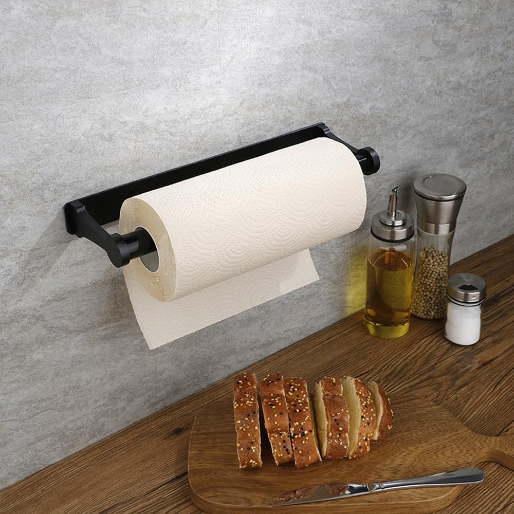 Paper Towel Holder - Self-Adhesive or Drilling, Black, Wall Mounted