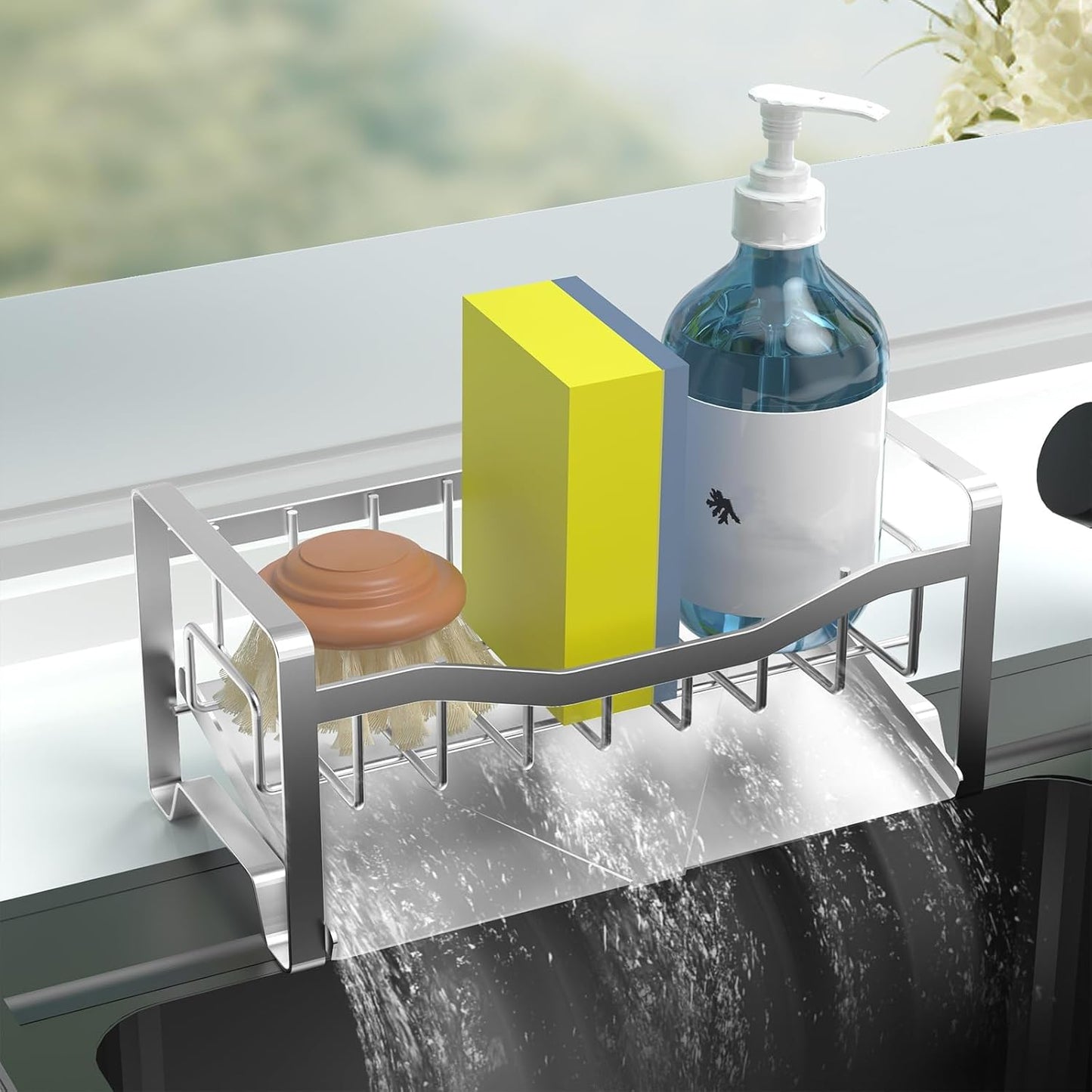 Kitchen Sink Caddy Organizer Sponge Holder for Kitchen Sink with Stainless Steel Auto Drain Tray