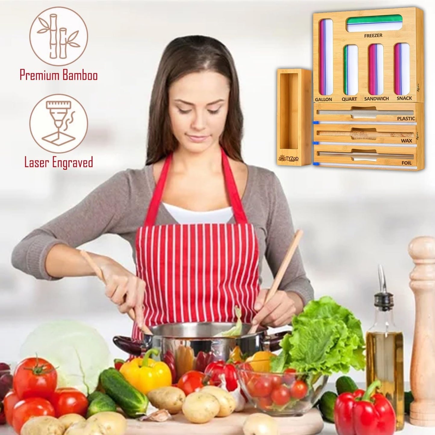 9-in-1 Bamboo Storage Bag Organizer with Cutter, Kitchen Drawer & Wall Mount Storage for Foil