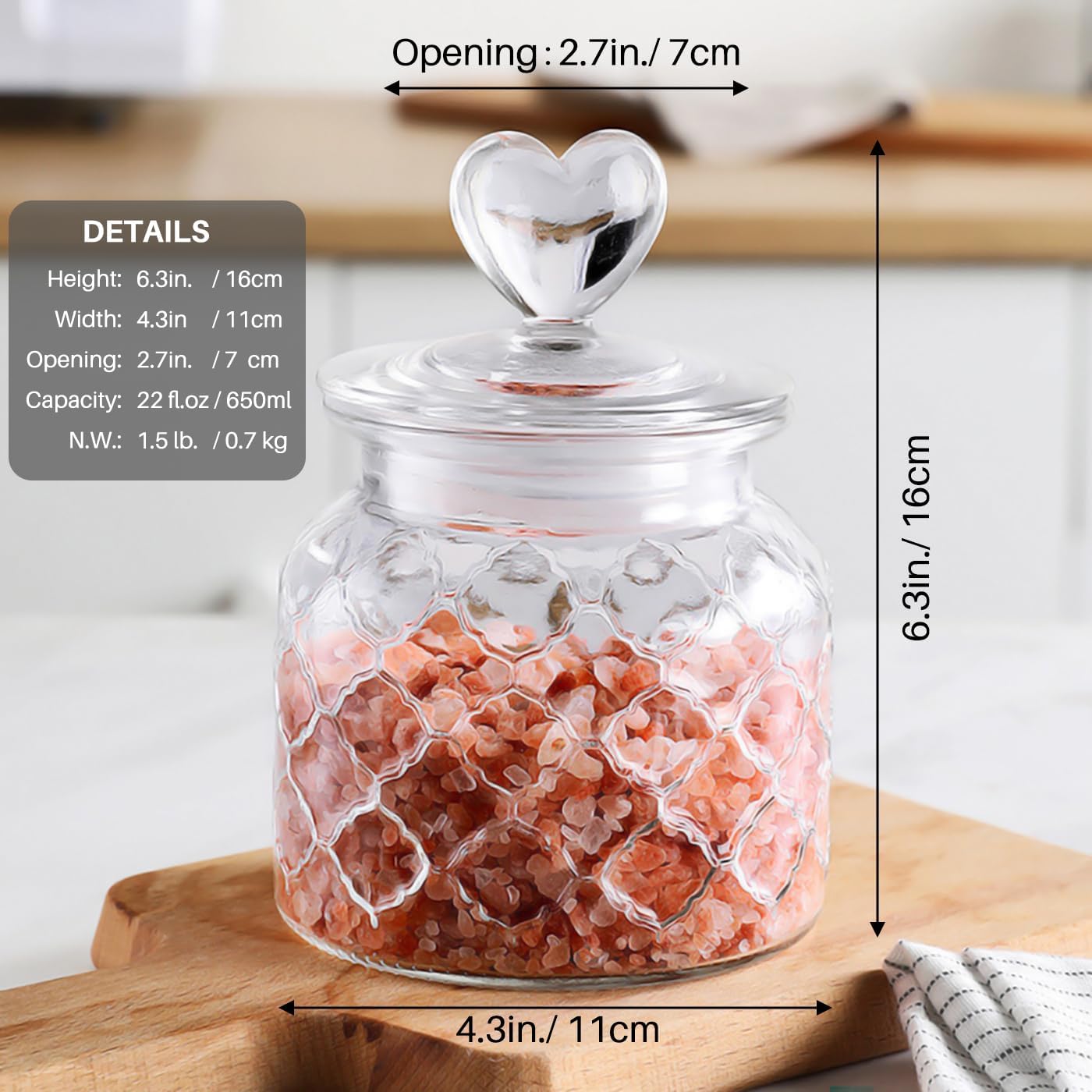 22 oz Clear Glass Canister with Cute Heart shaped Lids Set