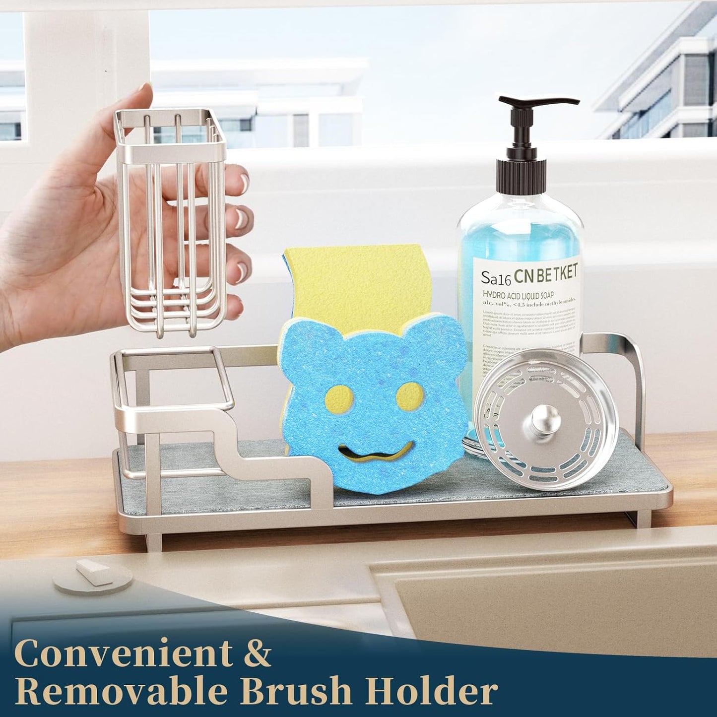 Sponge Holder for Kitchen Sink - Sink Caddy Organizer with Water Absorbing Stone Tray