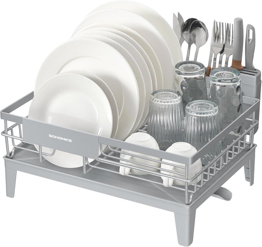 Dish Drying Rack, Kitchen Dish Rack with Drainboard, 360° Rotatable and Extendable Spout