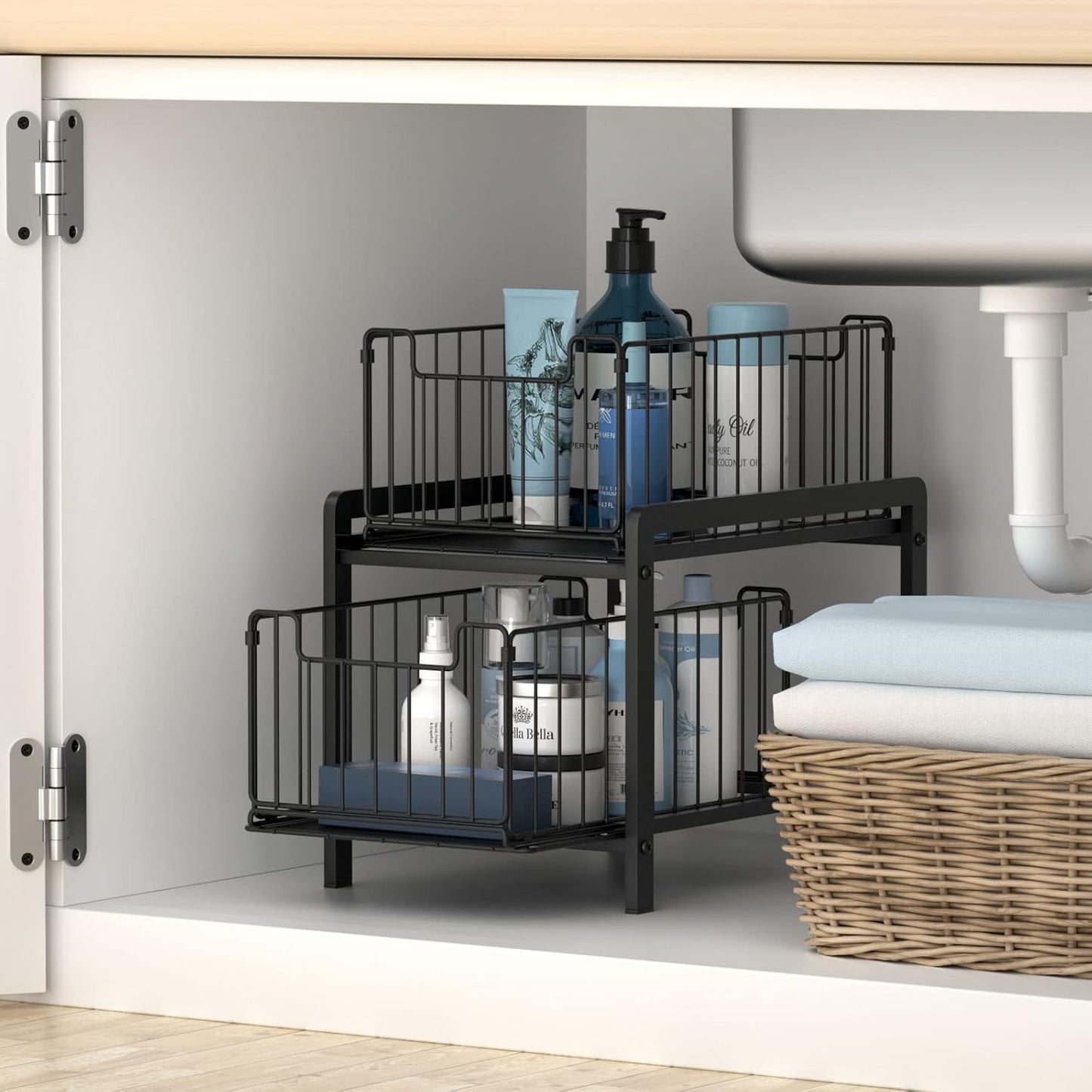 2-Tier Under Sink Organzier: Iron Under Sink Cabinet Organizers With Sliding Drawer