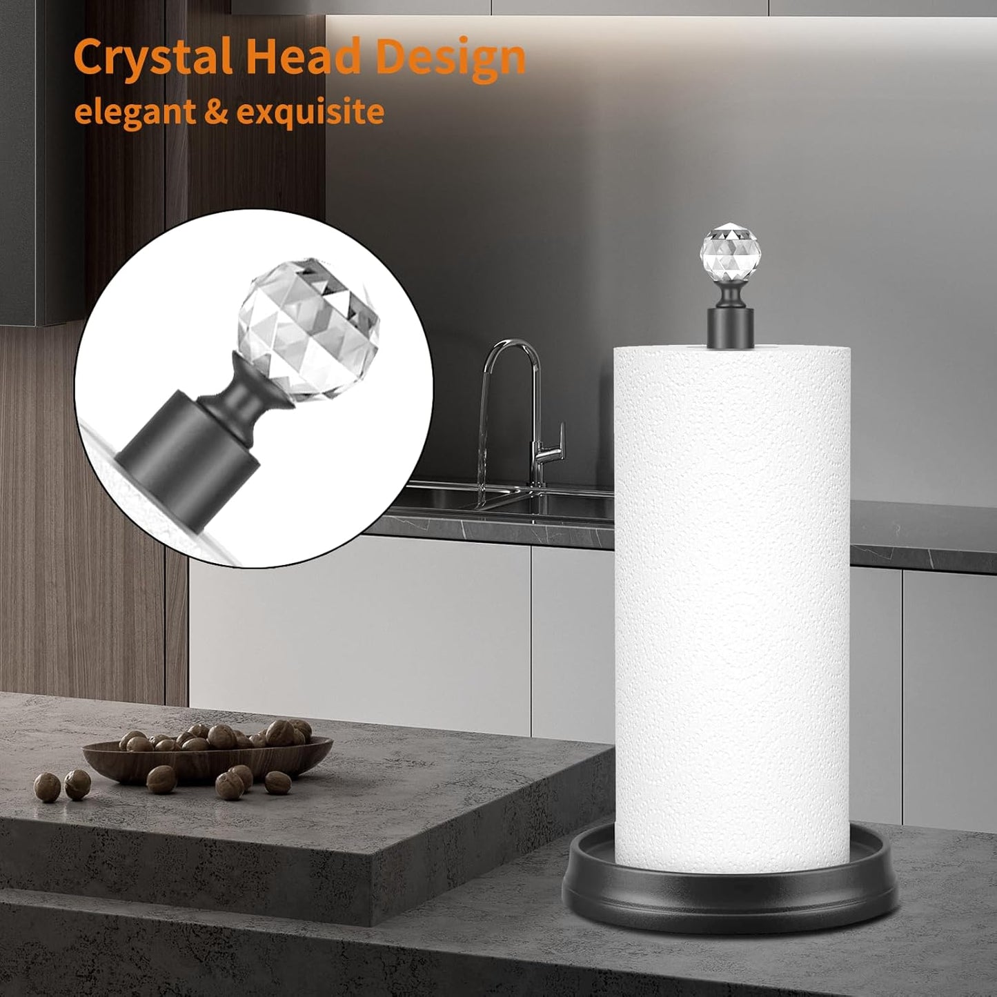 Crystal Head Paper Towel Holder - Steel Countertop Stand for Kitchen