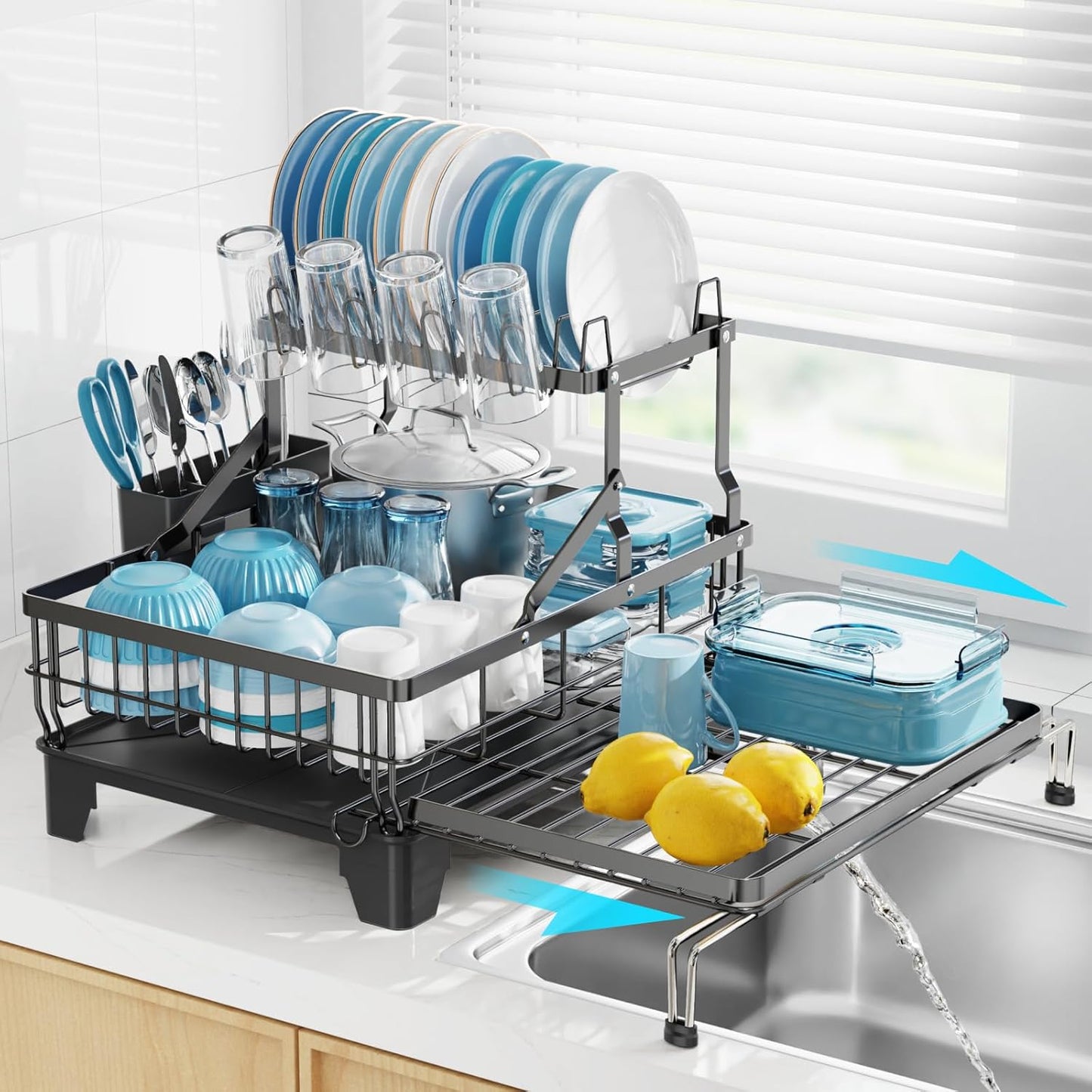 Large 2 Tier Dish Drying Rack, Expandable Heavy-Duty Dish Rack for Kitchen Counter