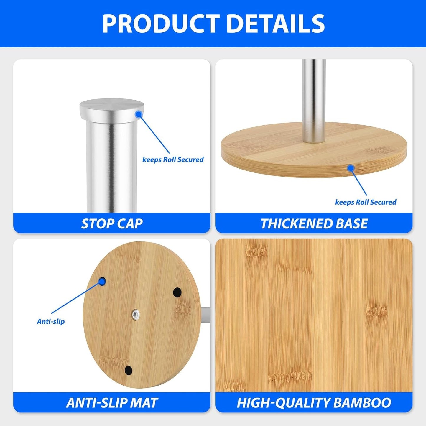 Wooden Paper Towel Holder Countertop, Sliver, Non-Slip Base, Stainless Steel, FreeStanding