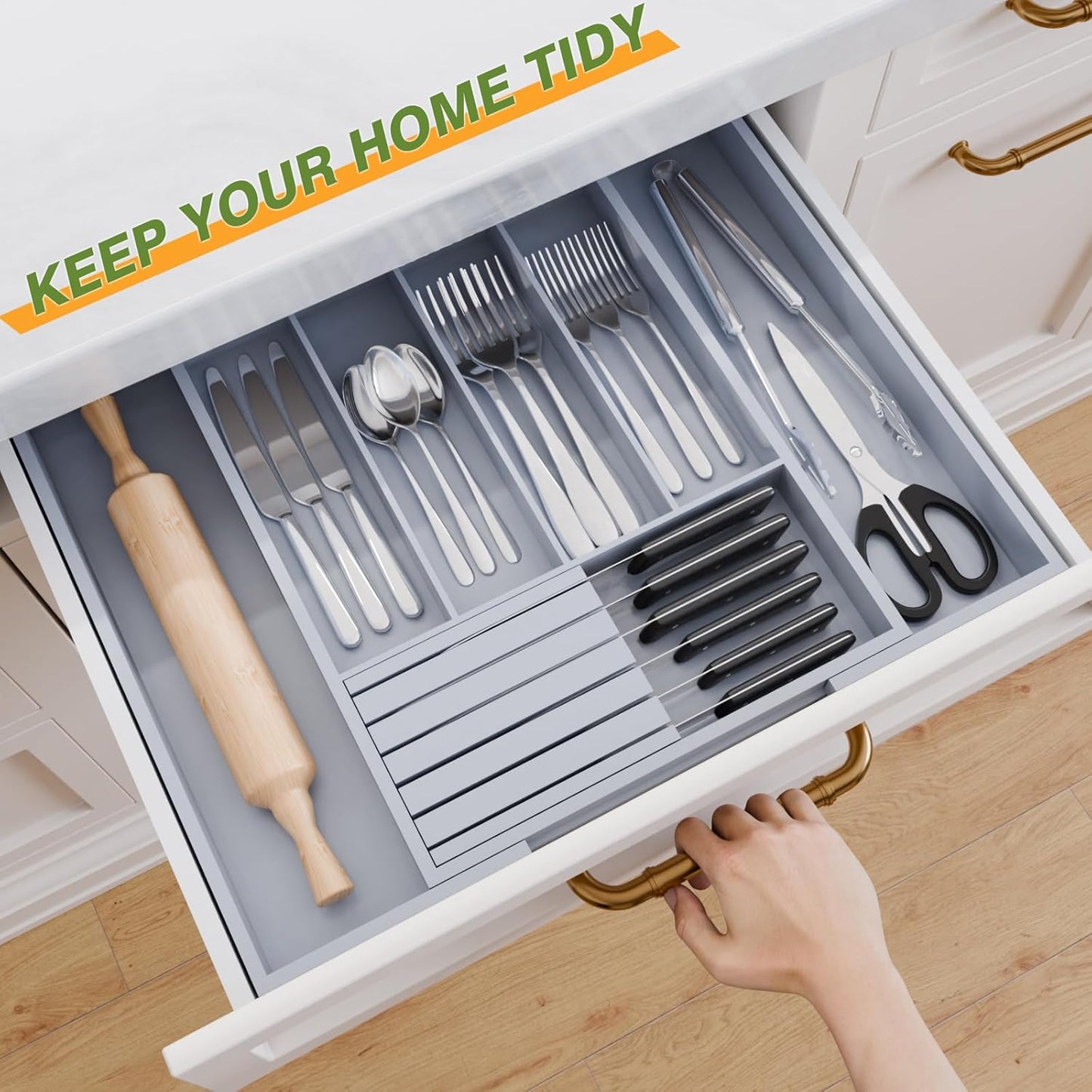 Bamboo Kitchen Silverware Drawer Organizer - Expandable Wood Utensil Holder with Dividers