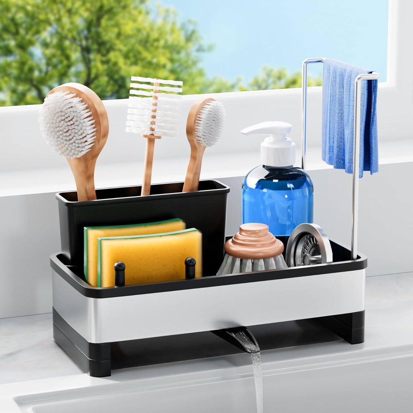 Sponge Holder for Kitchen Sink, Rustproof Stainless Steel Sink Caddy with Auto-Drain