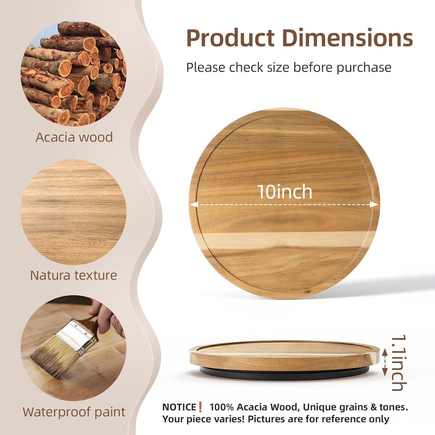 10'' Acacia Wood Lazy Susan Organizer for Table Top, Lazy Susan Turntable for Cabinet, Kitchen