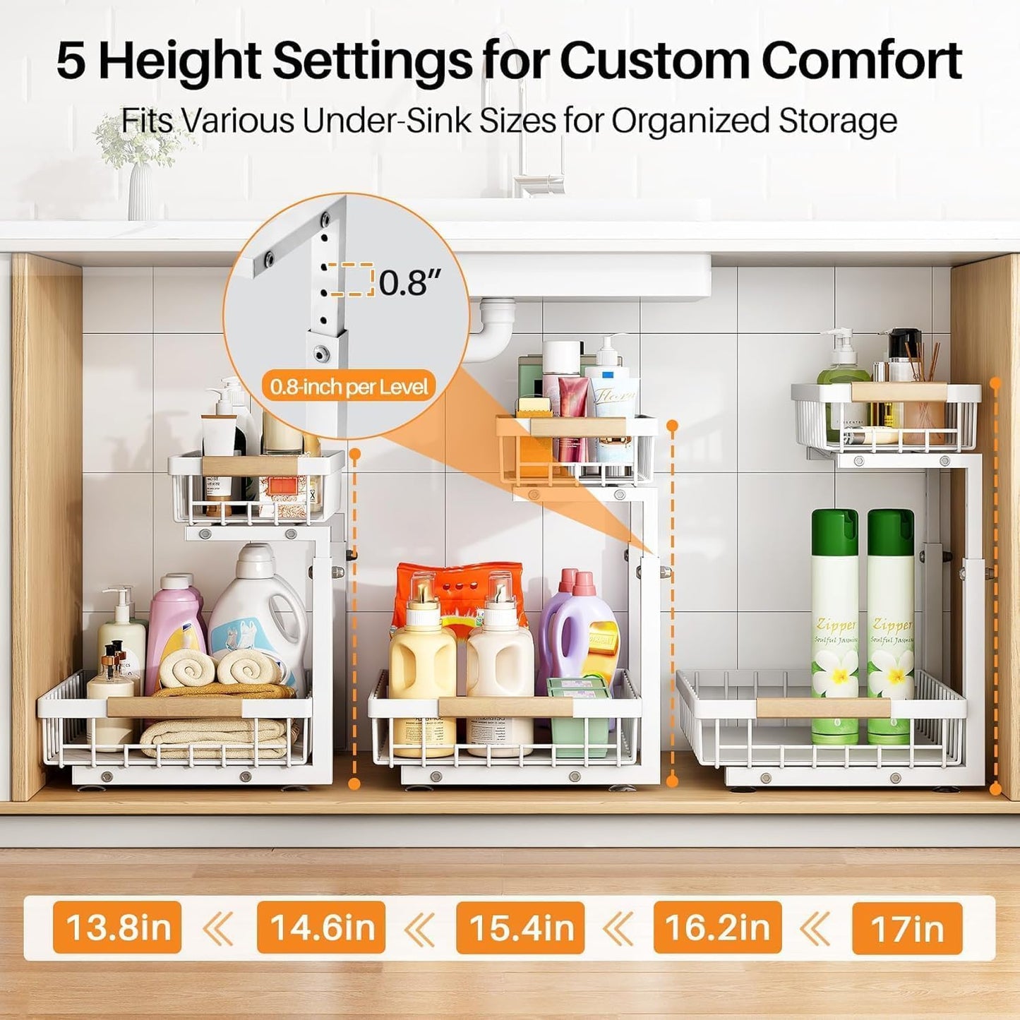 Under Sink Organizer, Adjustable Height, 2 Tier Pull Out Under Cabinet Organizer