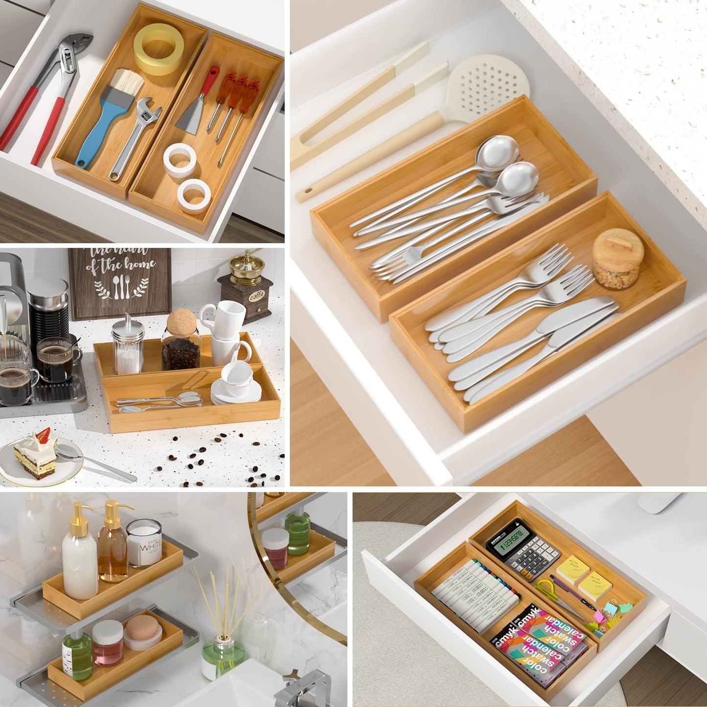 Bamboo Drawer Organizer, Stackable Utensil Organizer for Kitchen