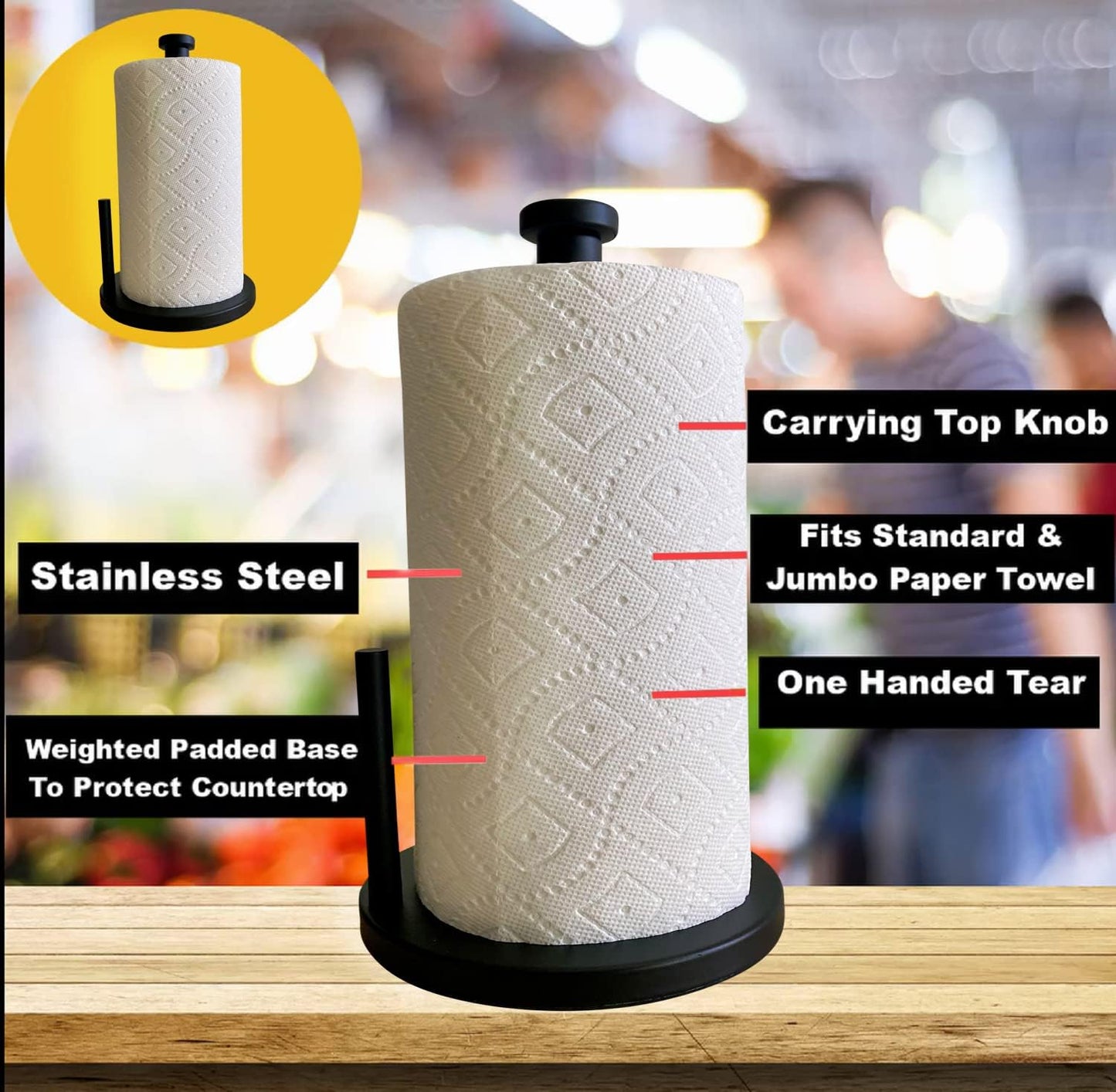 Black Paper Towel Holder Countertop Stainless Steel Paper Towel Stand with Weighted Non-Slip Base One-Handed Tear, Rust-Resistant Kitchen Roll Holder, Standard, Jumbo & Large Rolls