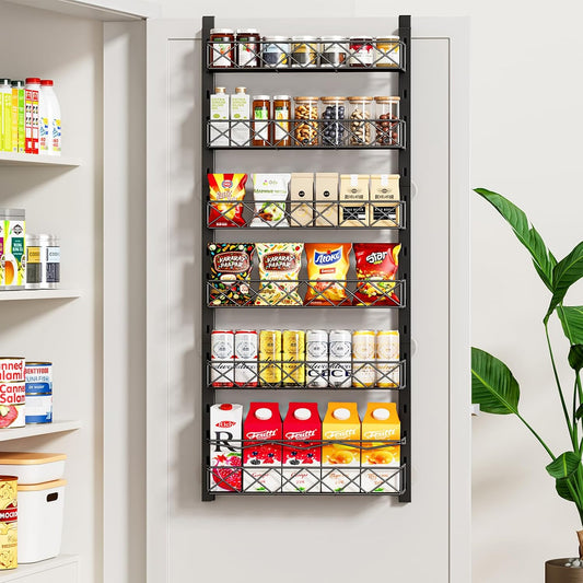 Over the Door Organizer, Black 6-Tier Pantry Door Organizer with Adjustable Basket