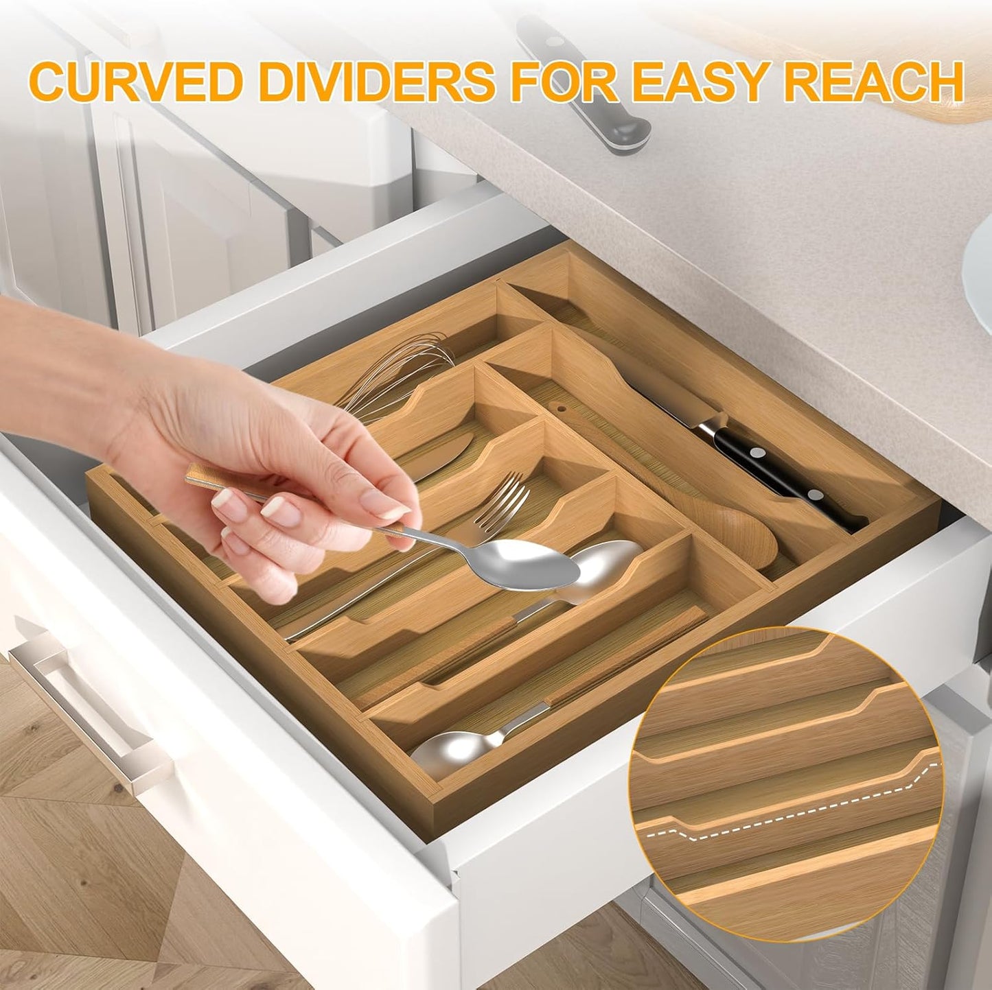 Bamboo Silverware Organizer Drawer Tray, 7-Compartment Utensil Drawer Organizer for Kitchen & Office, Flatware Holder for Forks, Spoons, Cutlery