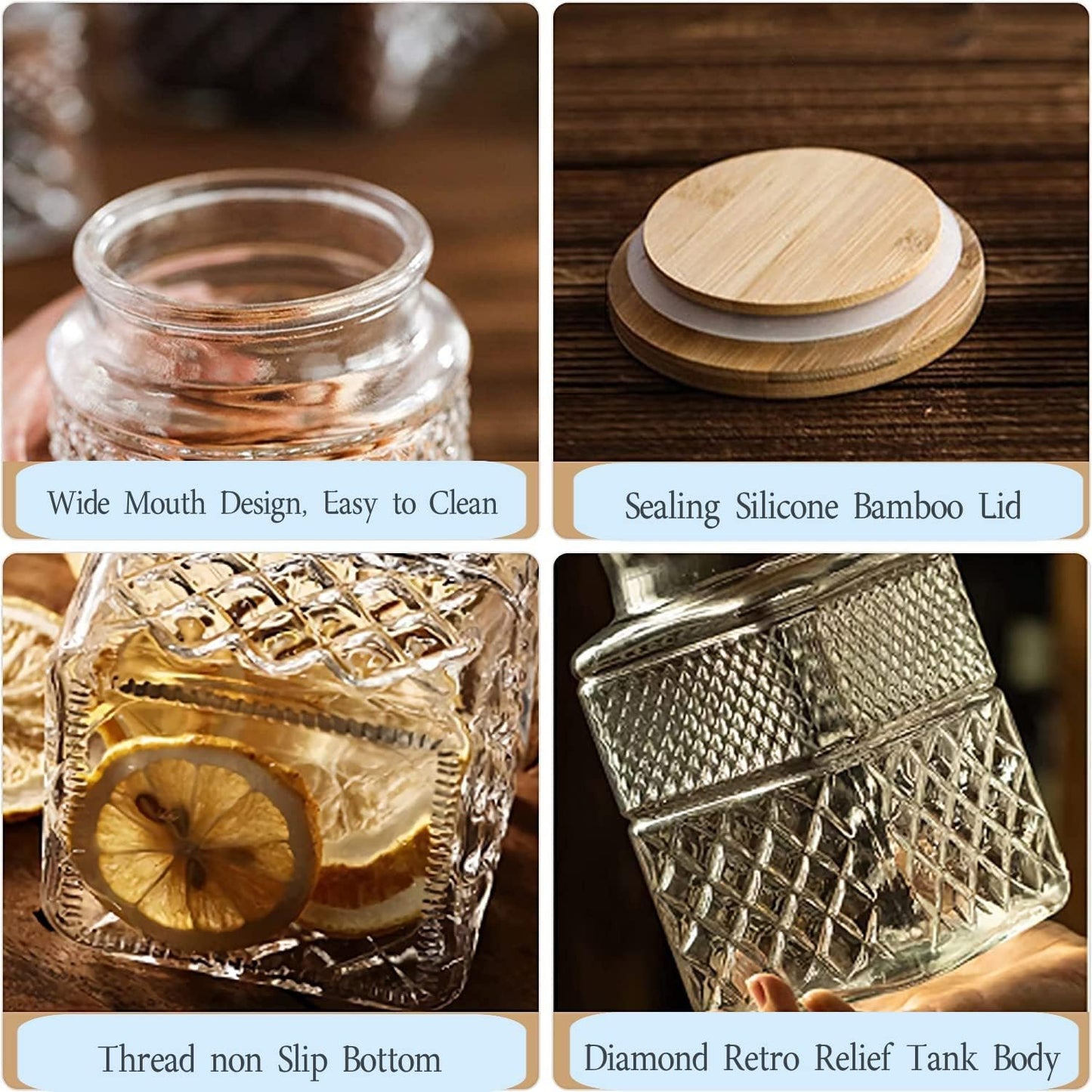 Large Glass Storage Jar, 2 Pack 60 FL OZ Glass Food Storage Containers with Bamboo Lid