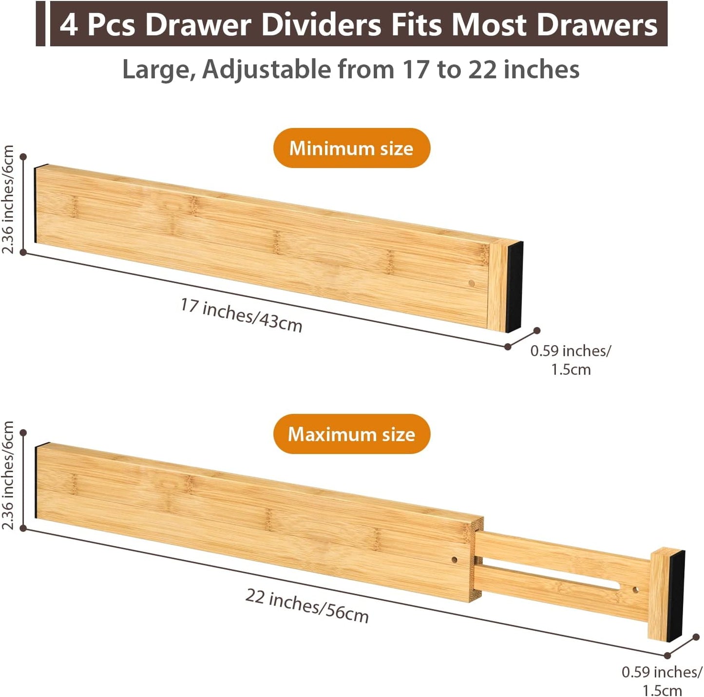 4 PCS Drawer Divider, 17"-22" Adjustable Bamboo Drawer Dividers Organizers