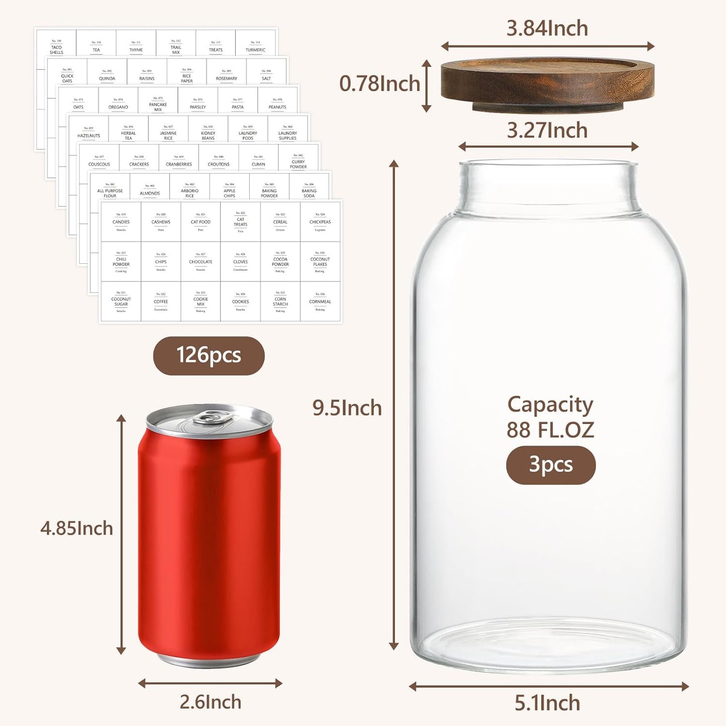 88oz Large Glass Storage Jars with Airtight Acacia Lid and 126 Kitchen Pantry Labels Set of 3