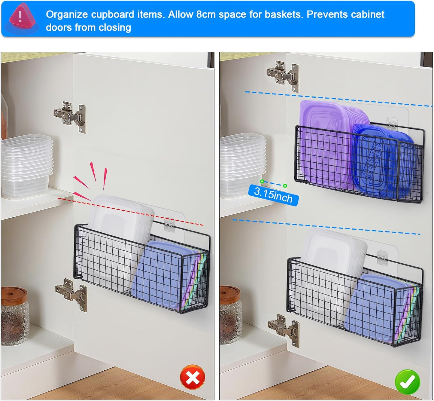 2 Pack Large Adhesive Cabinet Organizer - Lid Organizer Inside Cabinet Wall Mounted Pantry Door Caddy for Kitchen Containers Lid Kitchen Under Sink Basket