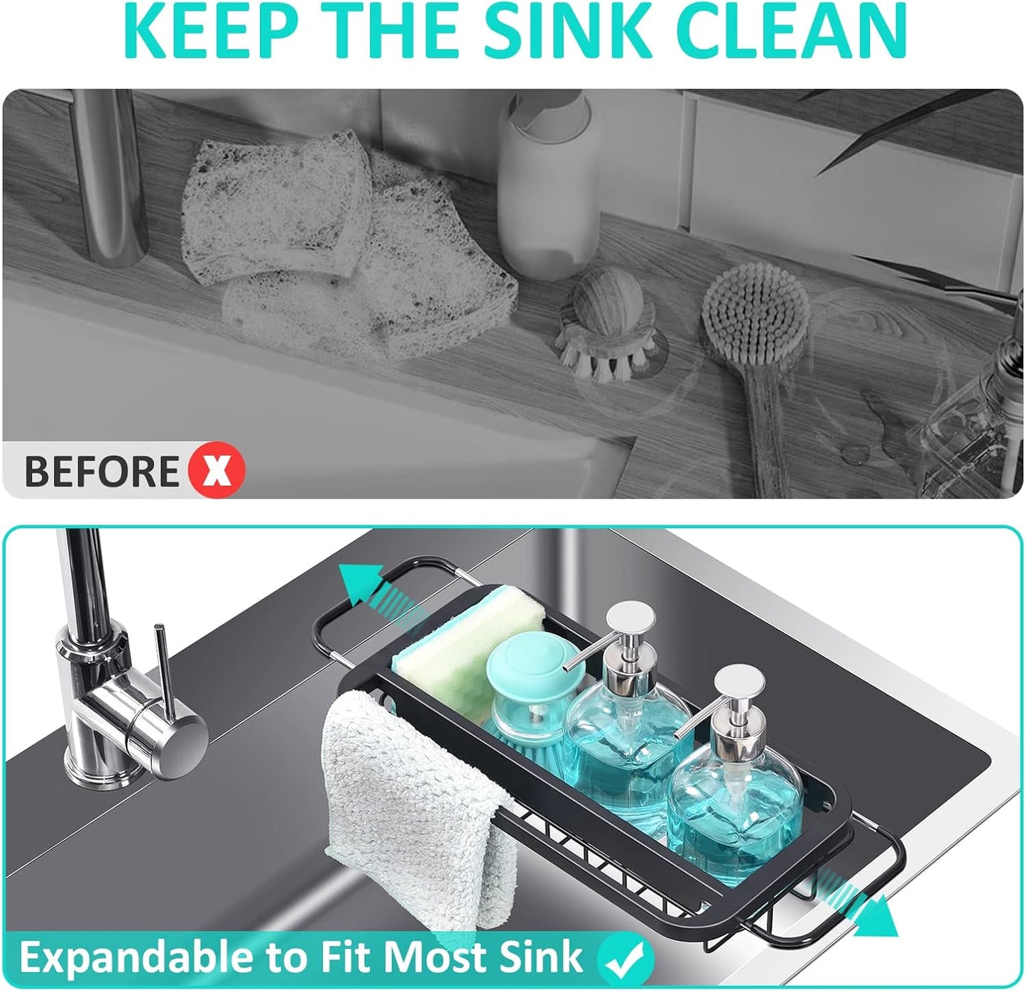 Expandable Sink Caddy with Dish Towel Bar, Adjustable Over-The-Sink Organizer for Kitchen