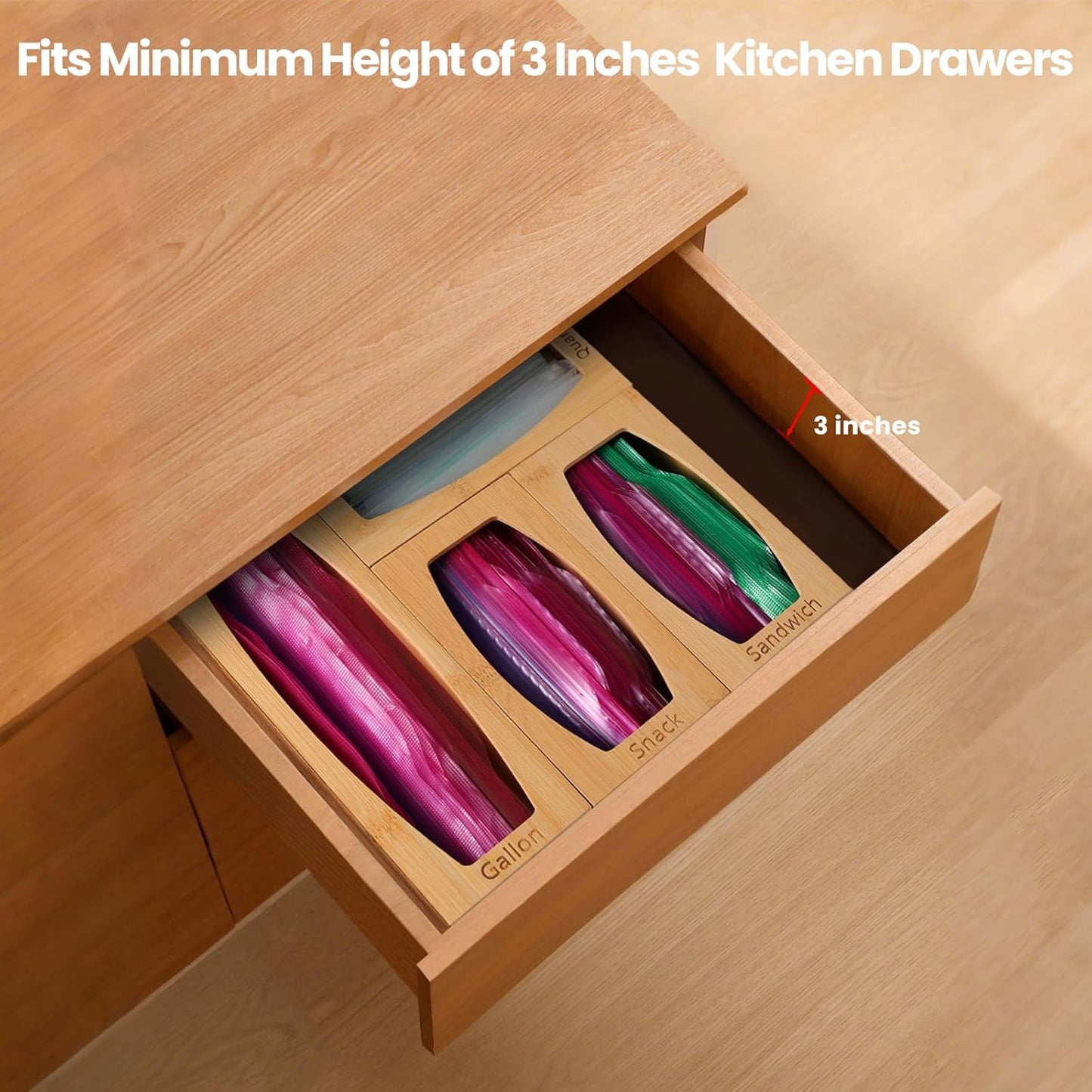 Bamboo Plastic Bag Storage Organizer for Kitchen Drawer, 4 Separate Baggie Organizer