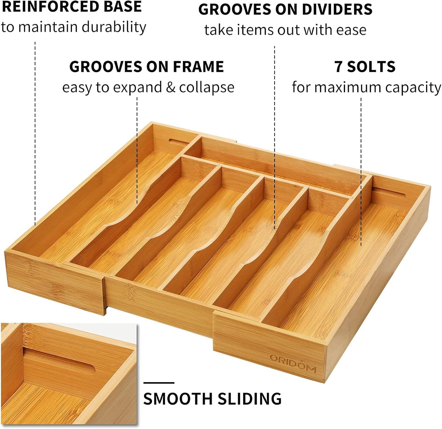 Expandable Bamboo Kitchen Drawer Organizer for Cutlery and Utensils