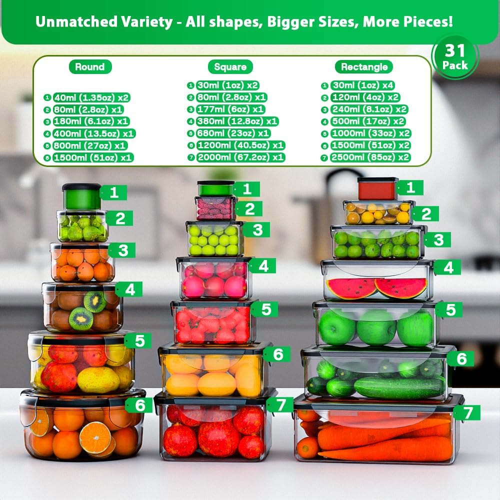 62 Pcs Large Food Storage Containers with Lids Airtight,Total 656OZ(31 Containers &31 Lids)