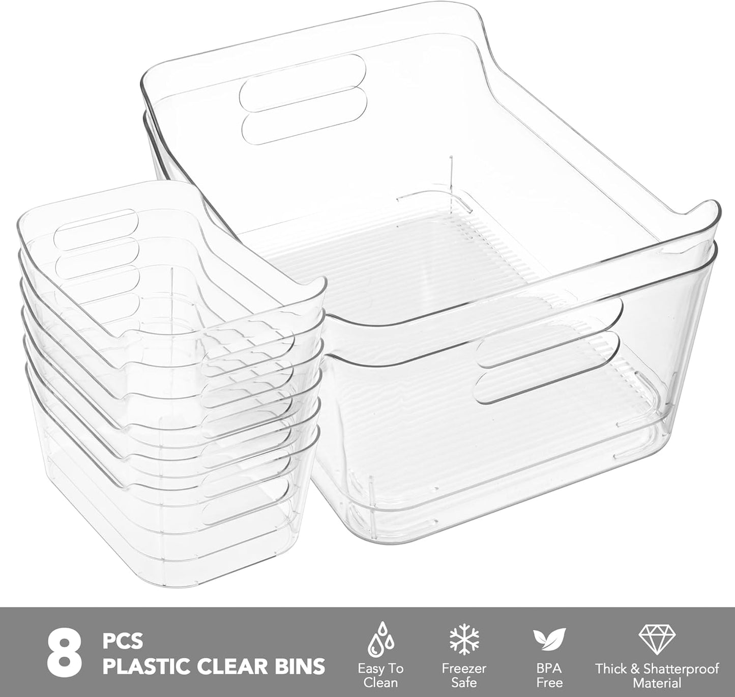 Set of 8 Clear Plastic Storage Bins, 2 Extra Large and 6 Small Storage Containers for Pantry Organization, Multi-Use Organizer Bins for Home, Kitchen, Cabinet, Bathroom, Fridge & Freezer