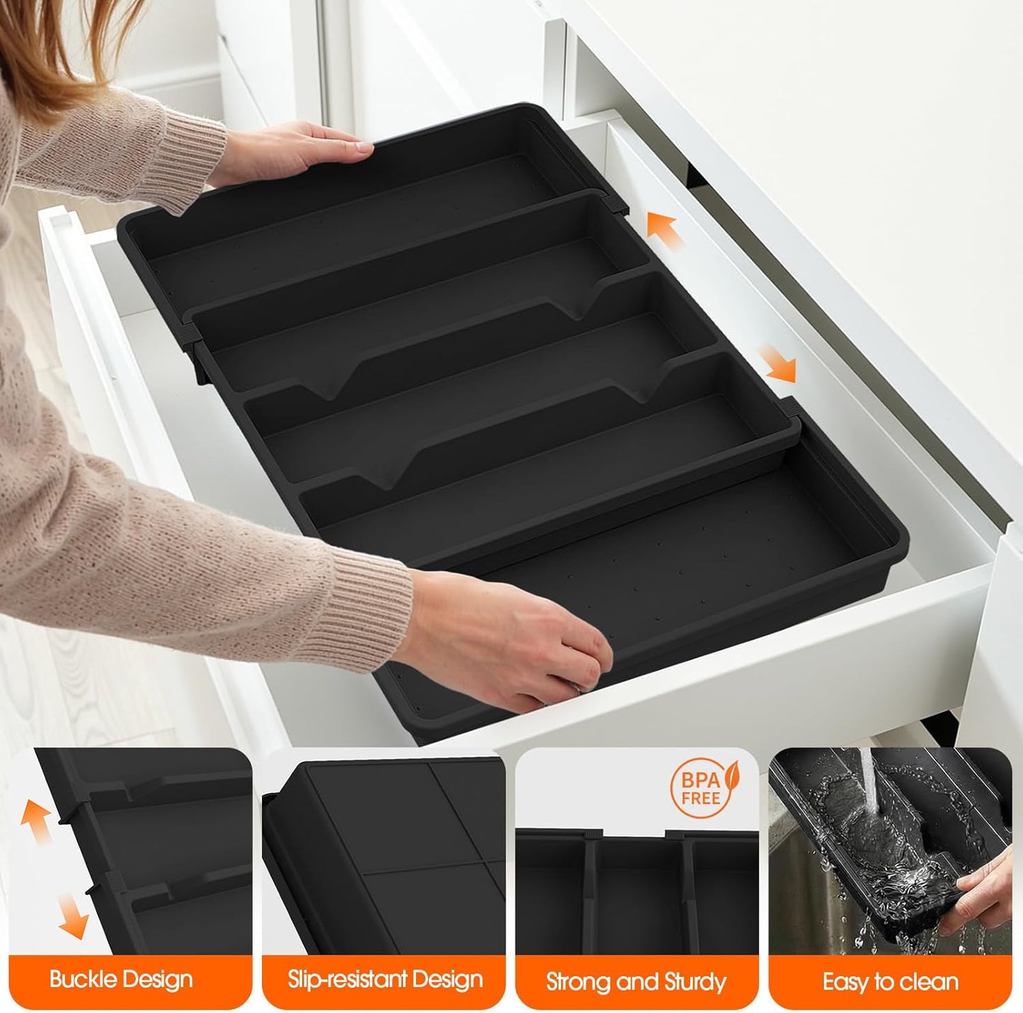 Large Silverware Organizer, Expandable Utensil Drawer Organizer for Kitchen Drawers