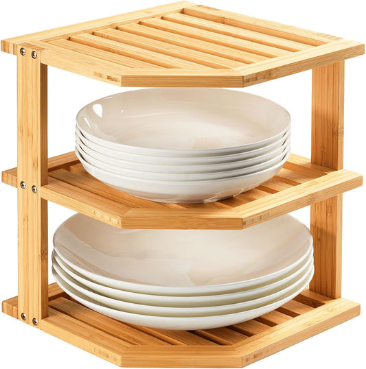 Plate Organizer for Cabinet, Bamboo Corner Shelf, Dish & Bread Organizer, Spice Rack