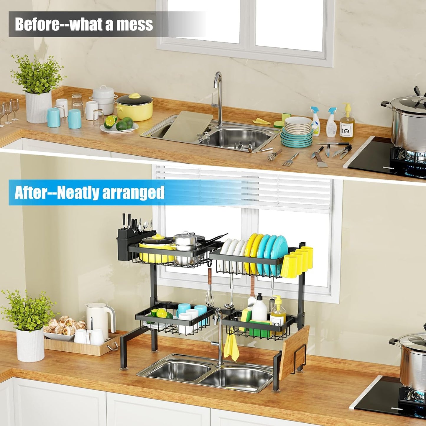 4 Baskets 2-Tier Over The Sink Dish Drying Rack, 26.57"-35", Large Sink Rack for Kitchen