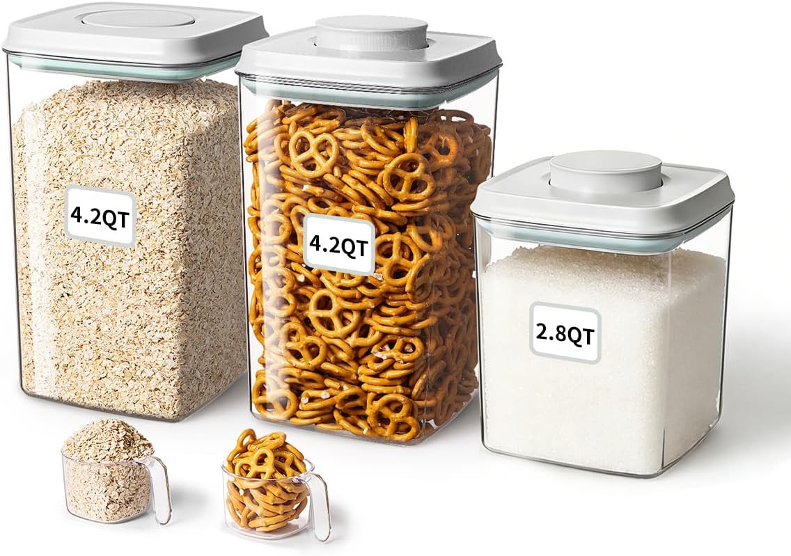 Food Storage Container Sets, 2.8 Qt + 4.2 Qt *2 Airtight Canisters with Lids and 130ml Scoop