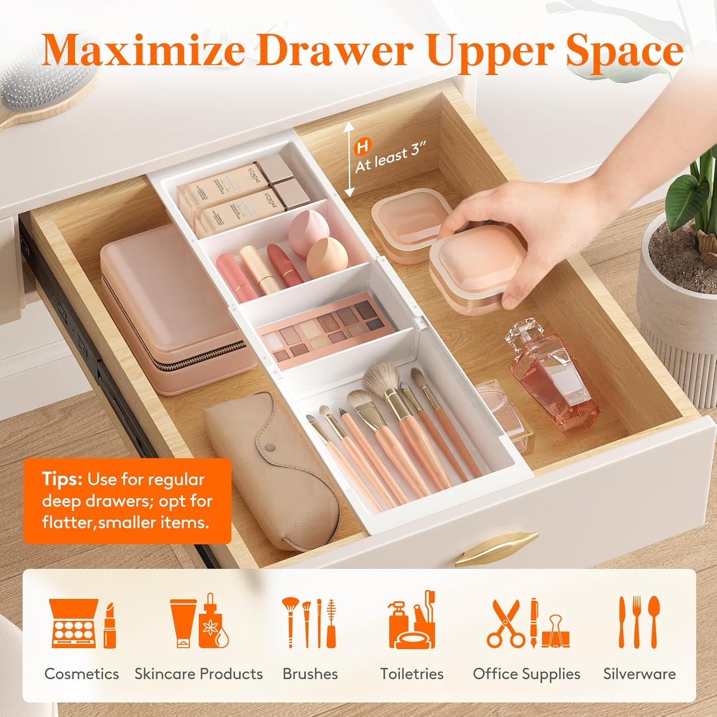 Sliding Makeup Drawer Organizer, Fits 13-20" Deep Drawers, Extendable Hanging Divider