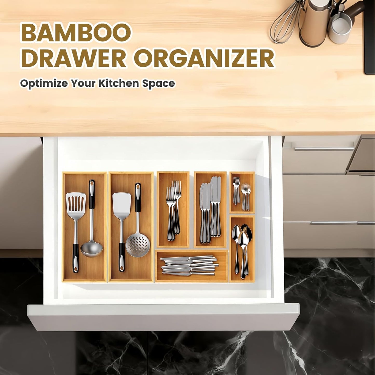 Bamboo Drawer Organizer, Stackable Utensil Trays for Kitchen, Wood Silverware Organizer for Drawer