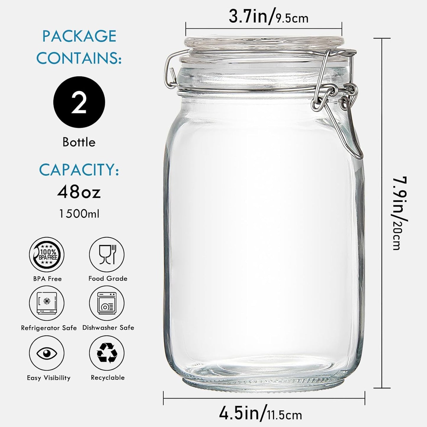 48oz Food Storage Canister Glass Jars with Clamp Airtight Lids and Silicone Gaskets for Multi-Purpose Kitchen Containers - Clear Square (2 Pack)