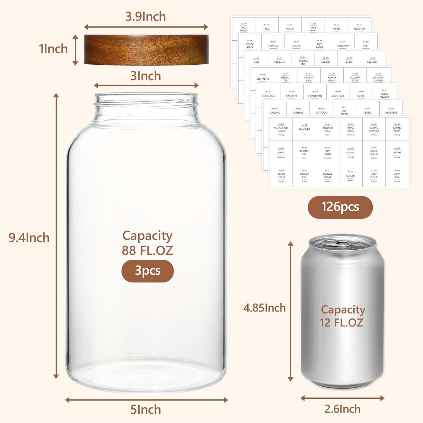 88oz Large Glass Jars with Airtight Acacia Wood Lids, Set of 3 Food Storage Containers for Flour