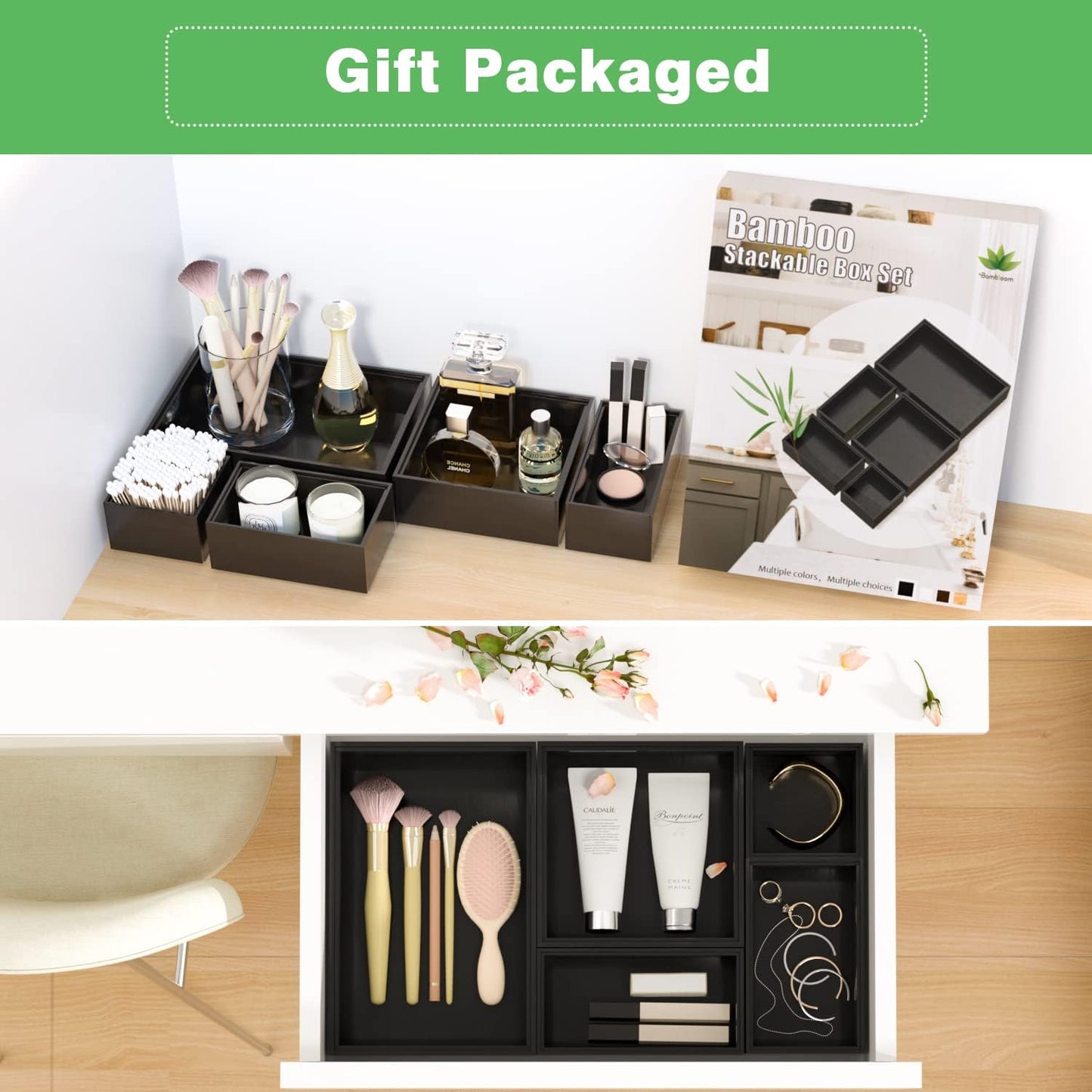 Black Bamboo Bathroom Drawer Organizer, Wooden Kitchen Utensil Holder Set of 5