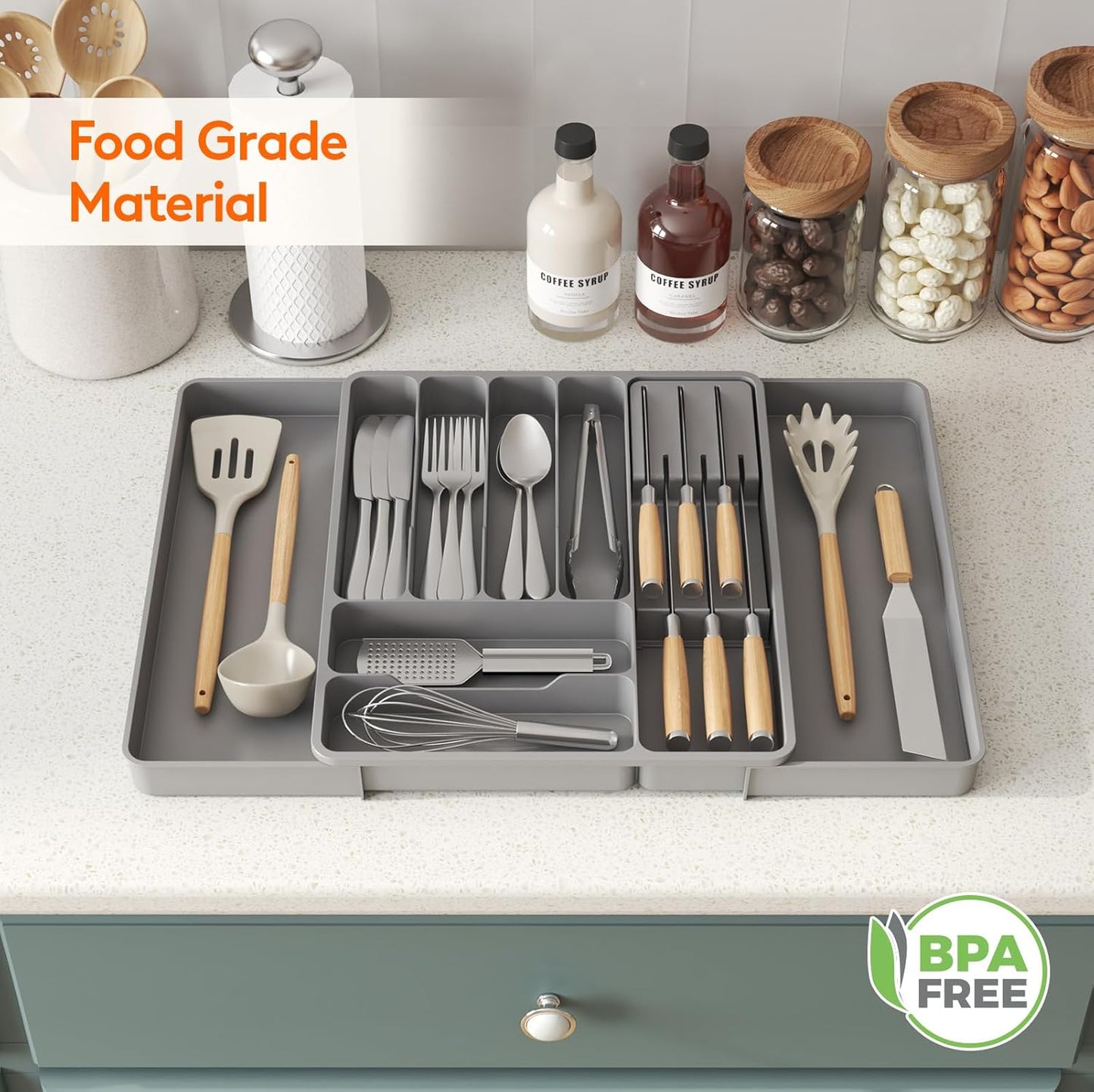 Silverware Organizer for Kitchen Drawers, Expandable Utensil Tray with Removable Knife Block
