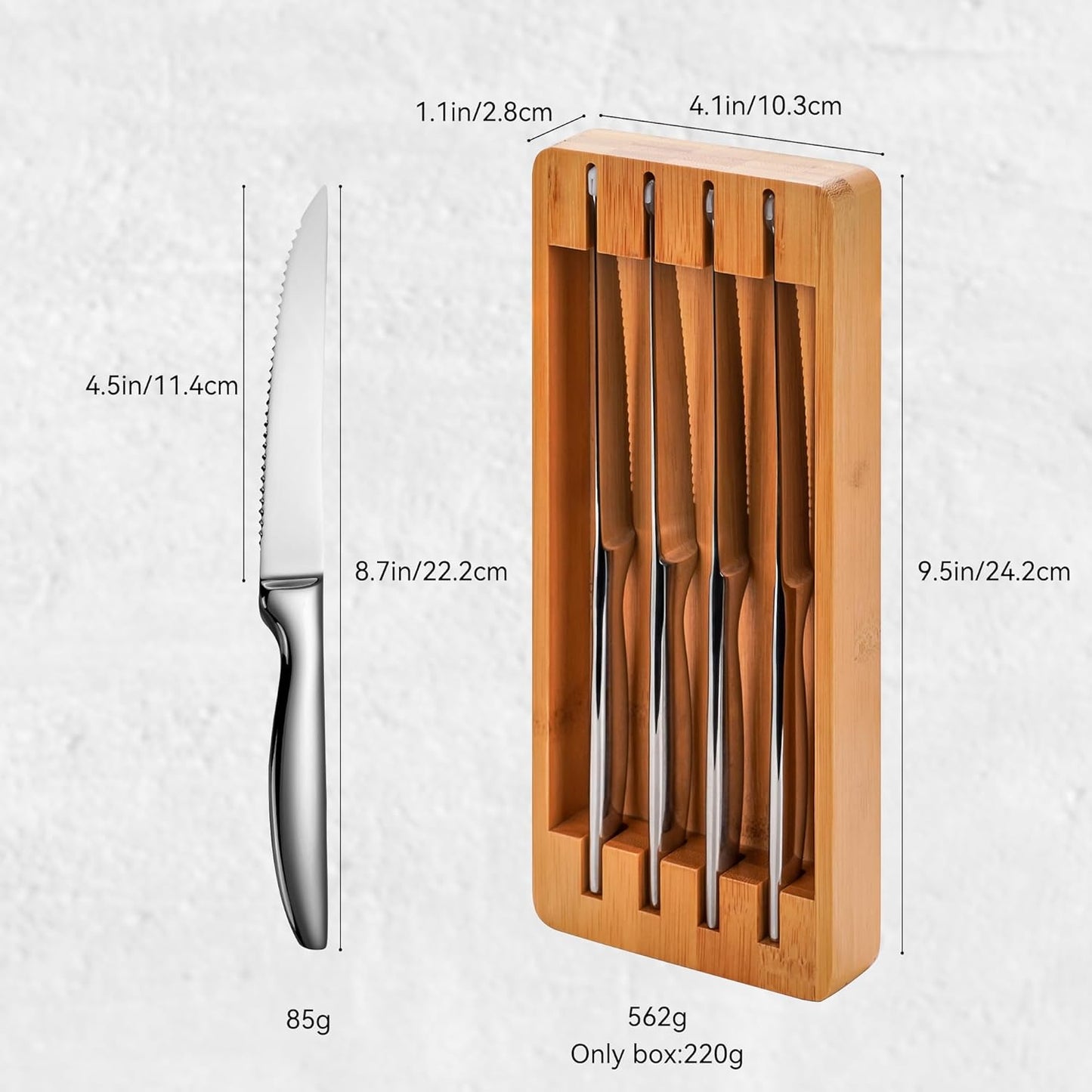Steak Knife Set of 12 with Block Holder, Serrated Steak Knife with Bamboo Storage Box Drawer Insert Organizer, Dishwasher Safe, Silver