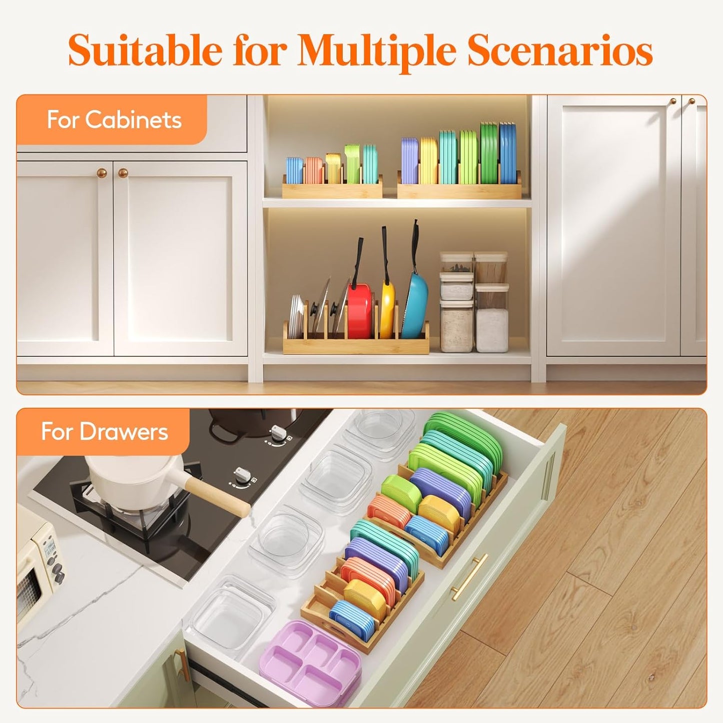 Bamboo Lid Organizers for Inside Cabinet, Food Storage Container Lid Holder with 4 adjustable Inserts & 5 Sections, Kitchen Pantry organizer and storage, 10.6" X 8.3"