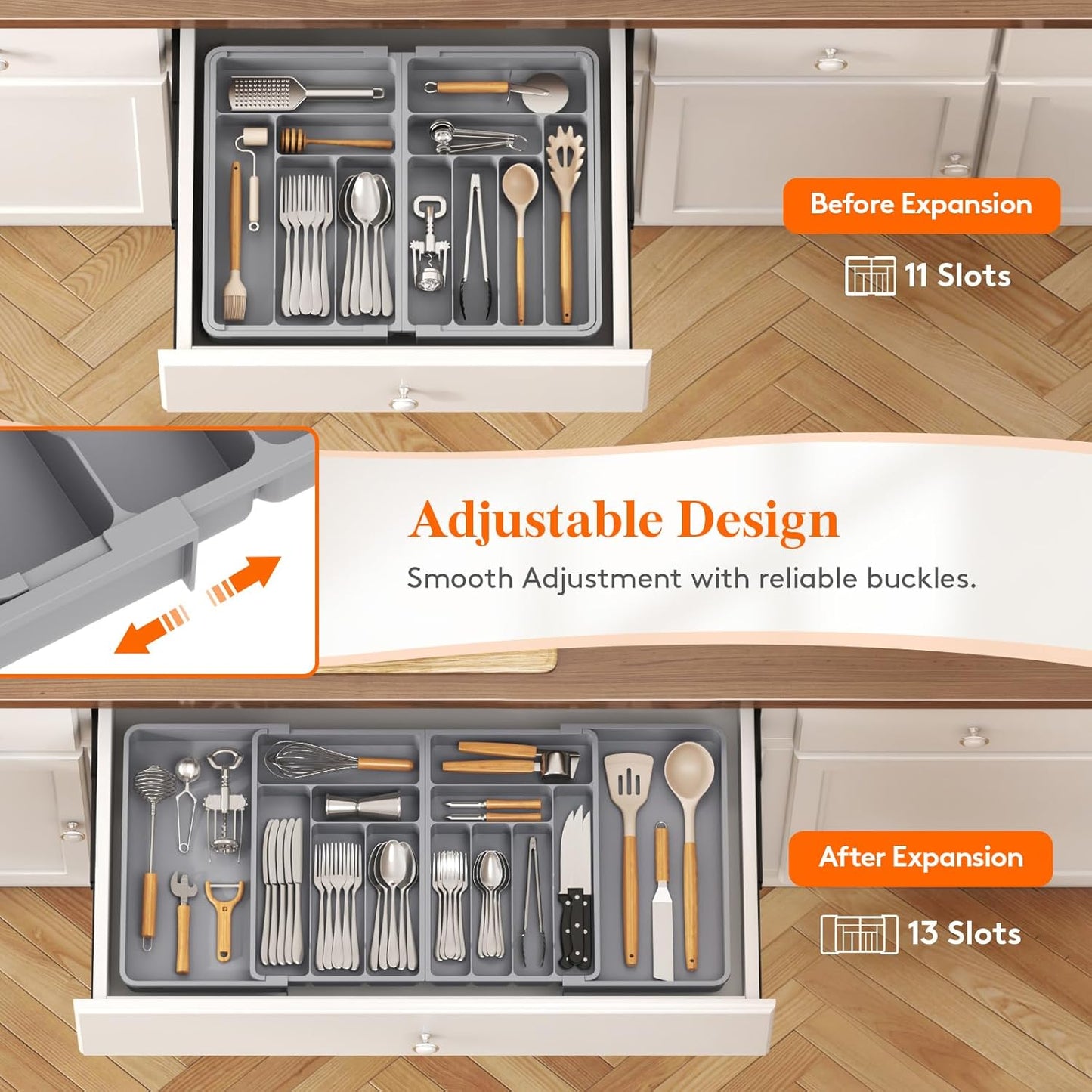 Silverware Drawer Organizer, Expandable BPA Free Plastic Utensil Tray for Kitchen