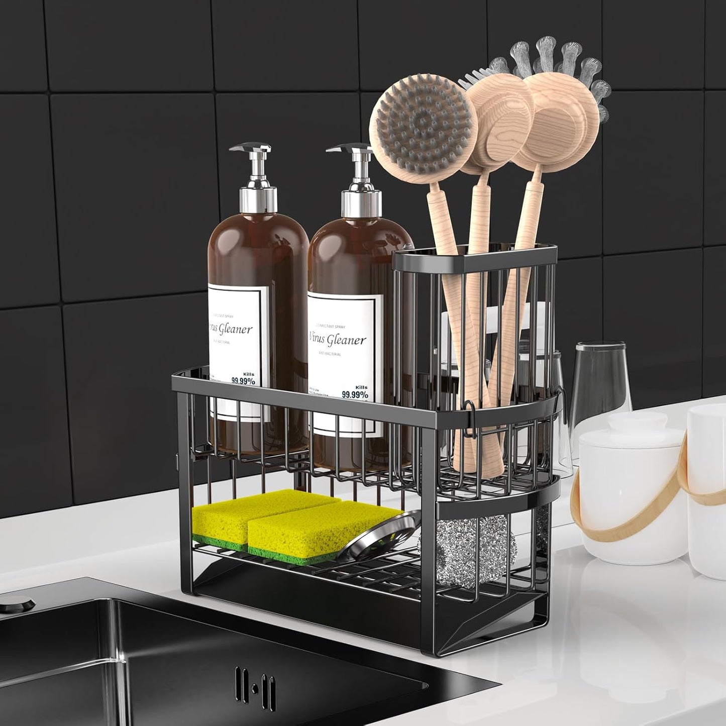 Kitchen Sink Organizer Caddy, 2 Tier Sink Caddy Organizer with High Brush Holder