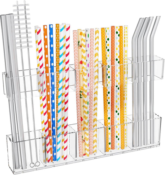 9.5” Large Acrylic Straw Holder for Cabinet Door-Reusable Tumbler Straw Organizer with Ultra Sticky Adhesive Tape ,Plastic Kitchen Accessories Container for Inside Cupboard Door (Transparent)