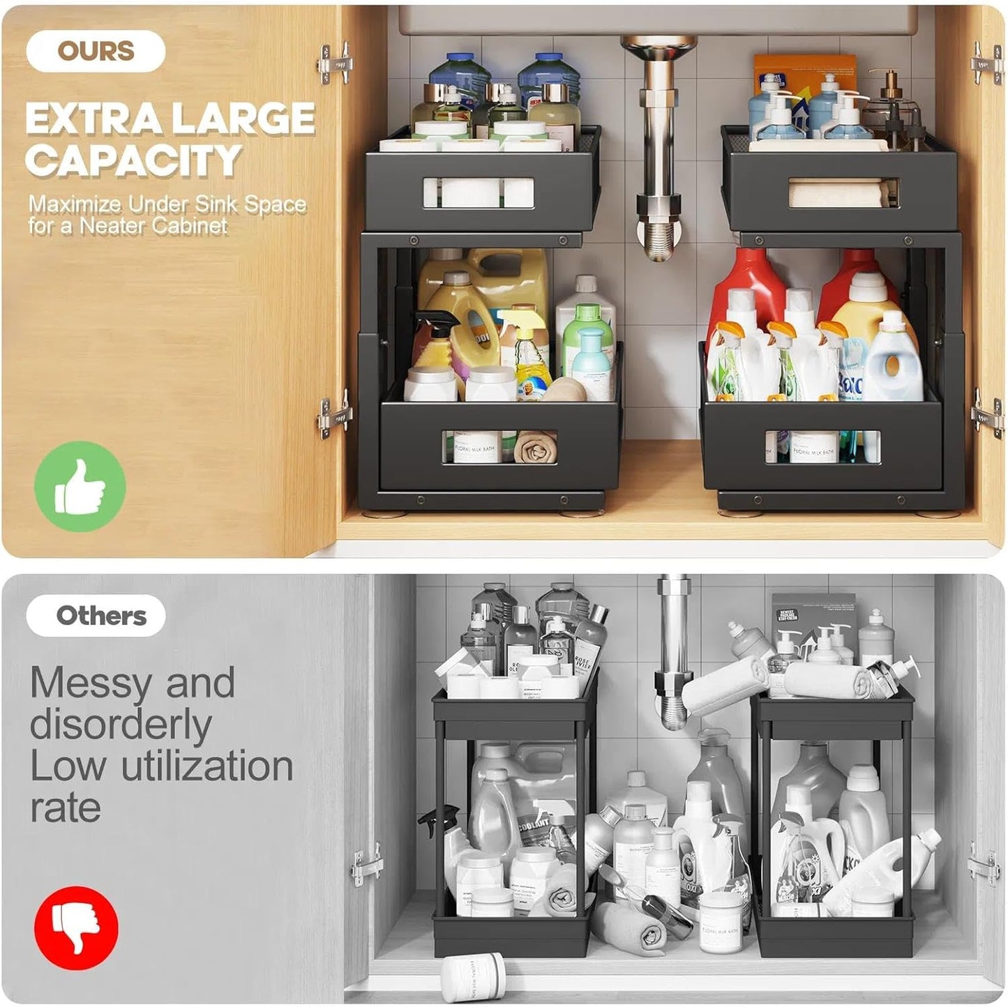 Under Sink Organizer, 2-Tier Dual Pull Out Cabinet Organizer Drawers With Smooth Circular Rail