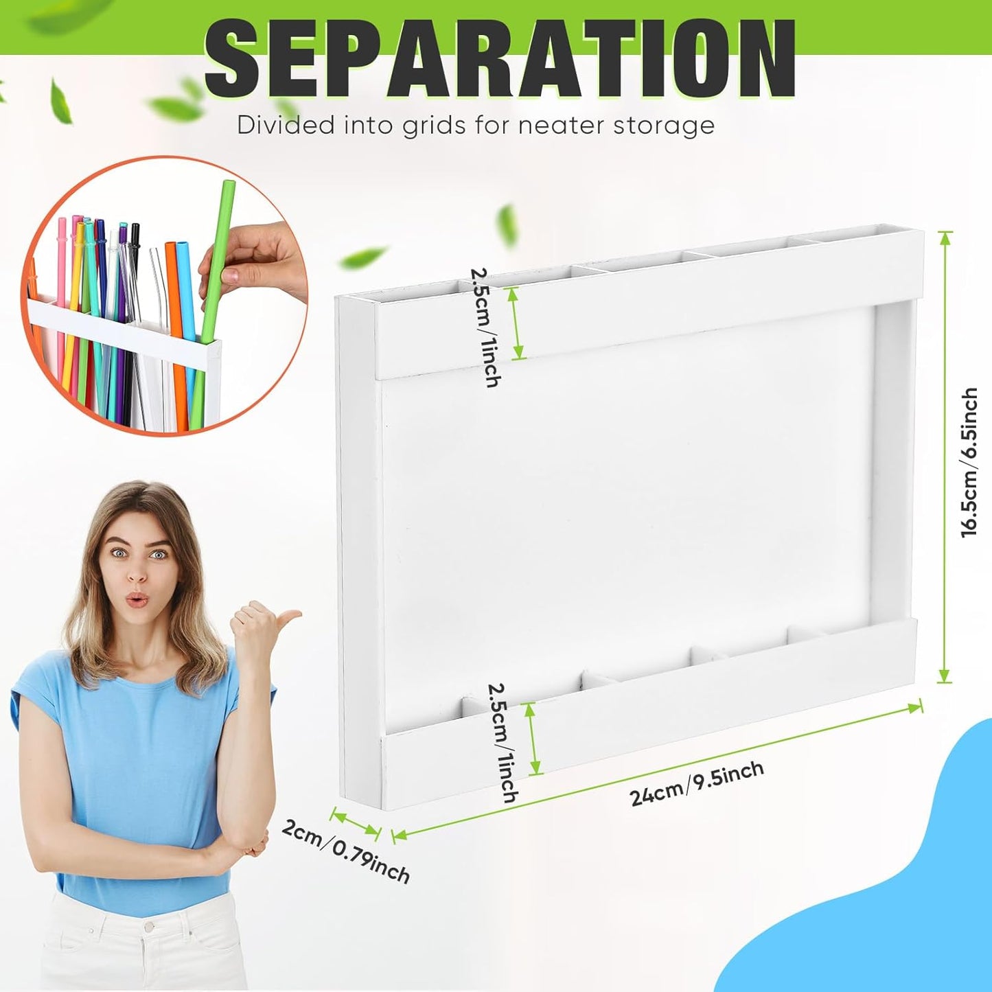 Acrylic Straw Holder for Cabinet Door with Double Sided Adhesive Tape Reusable Straw Organizer Tumbler Storage Kitchen Accessories Container for Counter Cupboard(Classic,Large,White)